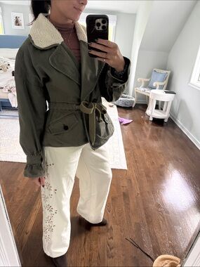 Marissa Webb Olive Green Utility Jacket with Cream Sherpa Collar